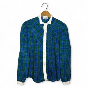 Vintage 80s Stuffed Shirt Plaid Blouse Puff Sleeve Contrast Collar Preppy XS S